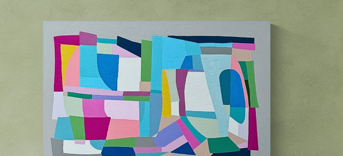 Tessera No. 2 — a tessellated abstract painting in warm terracottas, aged whites and deep teal